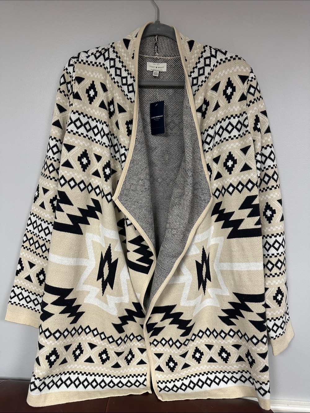 Lucky Brand Warm Aztec Print, Open Front, Long Cotton Blend  Cardigan, L